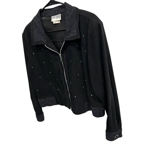 Vintage Nancy Bolen Black Rhinestone Zip Up Jacket Shimmering Trim Sz Large - Picture 3 of 9